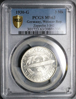 1930-G PCGS MS 63 Zeppelin World Flight Germany 3 Mark Silver 61k Coin (21100604C)