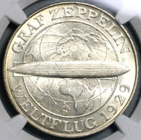 1930-D NGC MS 64+ Zeppelin World Flight Germany 5 Mark Silver Coin (21080701C)