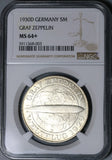 1930-D NGC MS 64+ Zeppelin World Flight Germany 5 Mark Silver Coin (21080701C)