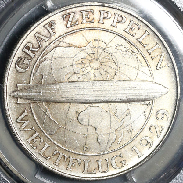 1930-F PCGS MS 65+ Zeppelin World Flight Germany 5 Mark