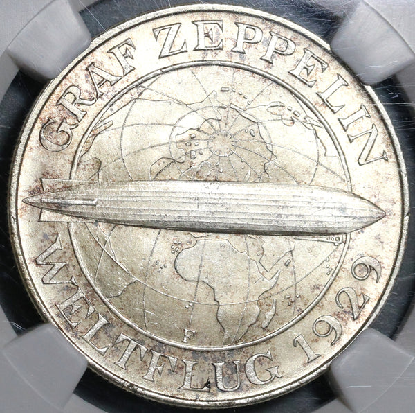 1930-F NGC MS 66 Zeppelin World Flight Germany 5 Mark Silver Coin 40K (20052003C)