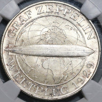 1930-F NGC MS 66 Zeppelin World Flight Germany 5 Mark Silver Coin 40K (20052003C)