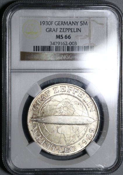 1930-F NGC MS 66 Zeppelin World Flight Germany 5 Mark Silver Coin