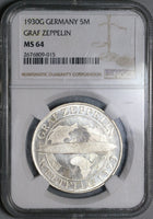 1930-G NGC MS 64 Zeppelin World Flight Germany 5 Mark Silver Coin (22052802C)