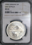 1930-G NGC MS 64 Zeppelin World Flight Germany 5 Mark Silver Coin (22052802C)