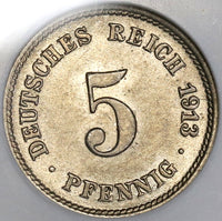 1913-J NGC MS 63 Germany 5 Pfennig Rare Hamburg Kaiser Reich Coin POP 2/0 (19060102C)