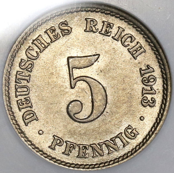 1913-J NGC MS 63 Germany 5 Pfennig Rare Hamburg Kaiser Reich Coin POP 2/0 (19060102C)
