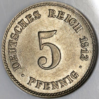 1913-J NGC MS 63 Germany 5 Pfennig Rare Hamburg Kaiser Reich Coin POP 2/0 (19060102C)