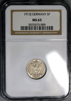 1913-J NGC MS 63 Germany 5 Pfennig Rare Hamburg Kaiser Reich Coin POP 2/0 (19060102C)
