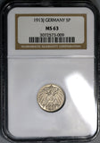 1913-J NGC MS 63 Germany 5 Pfennig Rare Hamburg Kaiser Reich Coin POP 2/0 (19060102C)