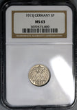 1913-J NGC MS 63 Germany 5 Pfennig Rare Hamburg Kaiser Reich Coin POP 2/0 (19060102C)