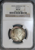1907 NGC MS 66 Baden 2 Mark Friedrich Death Silver German State Coin (19090902C)