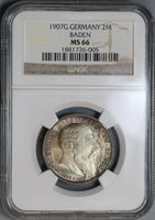 1907 NGC MS 66 Baden 2 Mark Friedrich Death Silver German State Coin (19090902C)