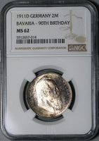 1911-D NGC MS 62 Bavaria Silver 2 Mark Luitpold German State Coin (21011203C)