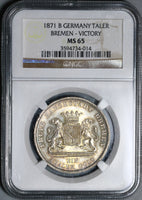 1871-B NGC MS-65  Bremen Thaler Victory France Silver German State Coin 61K (20122802D)