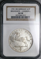 1701 NGC AU 58 Brunswick Hannover 2/3 Thaler Horse George Ludwig German State Silver Coin POP 1/1 (22010902C)