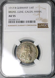 1717 NGC AU 55 Brunswick Hannover 1/6 Thaler George I Coin POP 2/1 (22022501C)