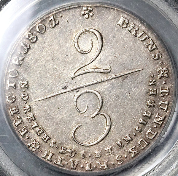 1801/0 PCGS AU 55 Brunswick Hannover 2/3 Thaler Unpublished Overdate George III Silver Coin POP 1/0 (22043002C)