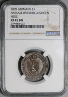 1809 NGC XF 45 Nassau 1 Kreuzer Weilburg Usingen German State Coin POP 1/0 (22060201C)