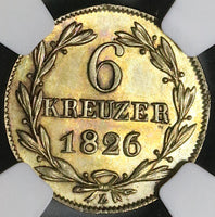 1826 NGC AU 58 Nassau 6 Kreuzer German State Silver Coin POP 1/0 (22060203C)