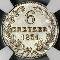 1831 NGC MS 62 Nassau 6 Kreuzer German State Silver Coin POP 1/1 (22060204C)