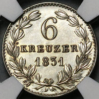 1831 NGC MS 62 Nassau 6 Kreuzer German State Silver Coin POP 1/1 (22060204C)