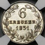 1831 NGC MS 62 Nassau 6 Kreuzer German State Silver Coin POP 1/1 (22060204C)