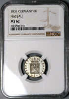 1831 NGC MS 62 Nassau 6 Kreuzer German State Silver Coin POP 1/1 (22060204C)