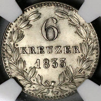 1833 NGC MS 62 Nassau 6 Kreuzer German State Silver Coin POP 2/1 (22060205C)