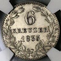 1833 NGC MS 62 Nassau 6 Kreuzer German State Silver Coin POP 2/1 (22060205C)