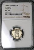 1833 NGC MS 62 Nassau 6 Kreuzer German State Silver Coin POP 2/1 (22060205C)