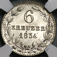 1834 NGC MS 65 Nassau 6 Kreuzer German State Silver Coin POP 1/0 (22060401C)