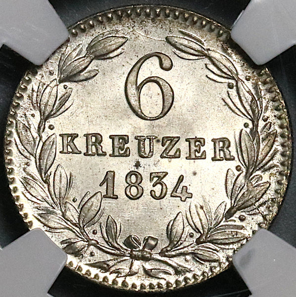 1834 NGC MS 65 Nassau 6 Kreuzer German State Silver Coin POP 1/0