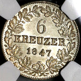 1847 NGC MS 64 Nassau 6 Kreuzer German State Silver Coin POP 2/1 (22060404C)