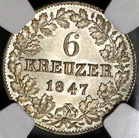 1847 NGC MS 64 Nassau 6 Kreuzer German State Silver Coin POP 2/1 (22060404C)