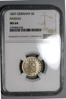 1847 NGC MS 64 Nassau 6 Kreuzer German State Silver Coin POP 2/1 (22060404C)