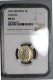 1847 NGC MS 64 Nassau 6 Kreuzer German State Silver Coin POP 2/1 (22060404C)