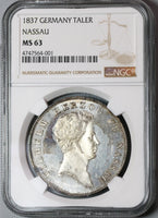 1837 NGC MS 63 Nassau Thaler Mint State Geman Near PL Taler Coin (19100405C)