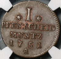 1751-A NGC AU 58 Prussia 1 Pfennig Friedrich II Germany Coin POP 1/0 (21011703C)