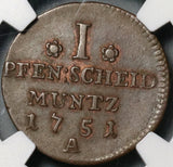 1751-A NGC AU 58 Prussia 1 Pfennig Friedrich II Germany Coin POP 1/0 (21011703C)