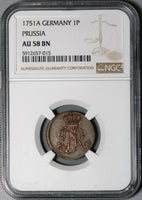 1751-A NGC AU 58 Prussia 1 Pfennig Friedrich II Germany Coin POP 1/0 (21011703C)