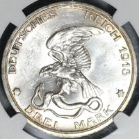1913 NGC MS 64 Prussia 3 Mark Napoleon Defeat German Silver Coin (21071302C)