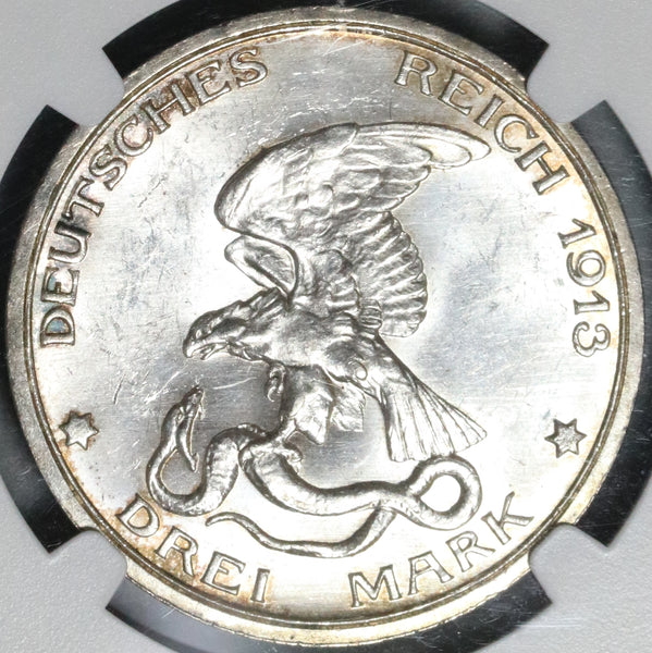 1913 NGC MS 64 Prussia 3 Mark Napoleon Defeat German Silver Coin