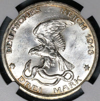 1913 NGC MS 64 Prussia 3 Mark Napoleon Defeat German Silver Coin (21071302C)