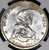 1913 NGC MS 64 Prussia 3 Mark Napoleon Defeat German Silver Coin (21071302C)