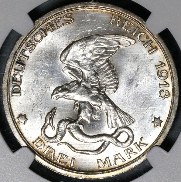 1913 NGC MS 64 Prussia 3 Mark Napoleon Defeat German Silver Coin