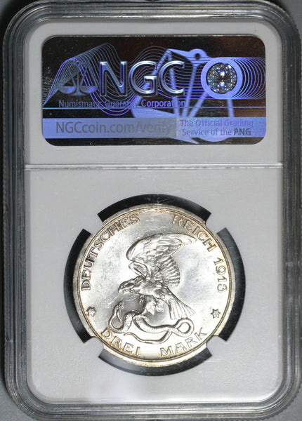 1913 NGC MS 64 Prussia 3 Mark Napoleon Defeat German Silver Coin