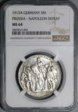 1913 NGC MS 64 Prussia 3 Mark Napoleon Defeat German Silver Coin (21071302C)