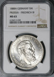1888 NGC MS 63 Prussia 5 Mark Friedrich III German State Silver Coin (21062801C)