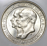 1911 NGC MS 64  Prussia 3 Mark Breslau University German Silver Coin (20021504C)